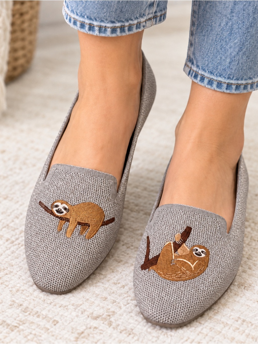 VIVAIA NWOT Audrey Sparkly Silver Sloth Embroidered Knit Loafers SZ 40